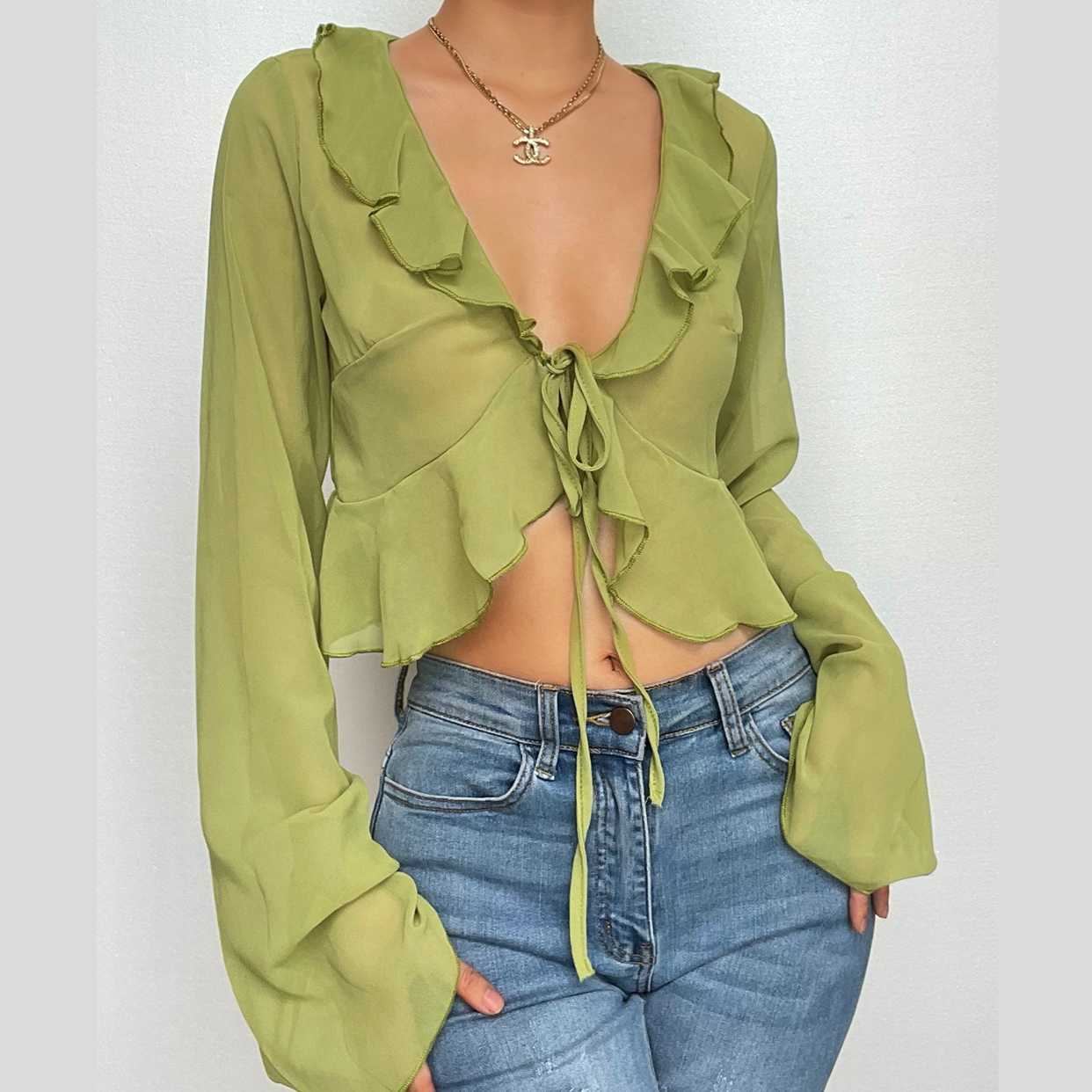 Chiffon Ruffled Long Sleeve Top - Y2K Fashion, Coquette Aesthetic, Cute & Comfy Style