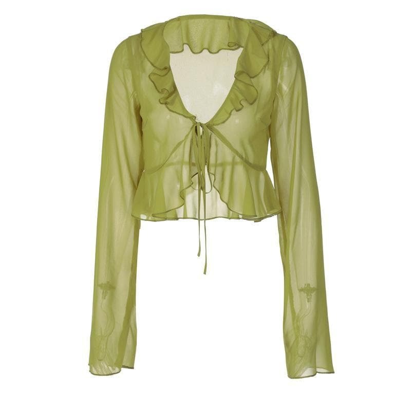 Chiffon Ruffled Long Sleeve Top - Y2K Fashion, Coquette Aesthetic, Cute & Comfy Style