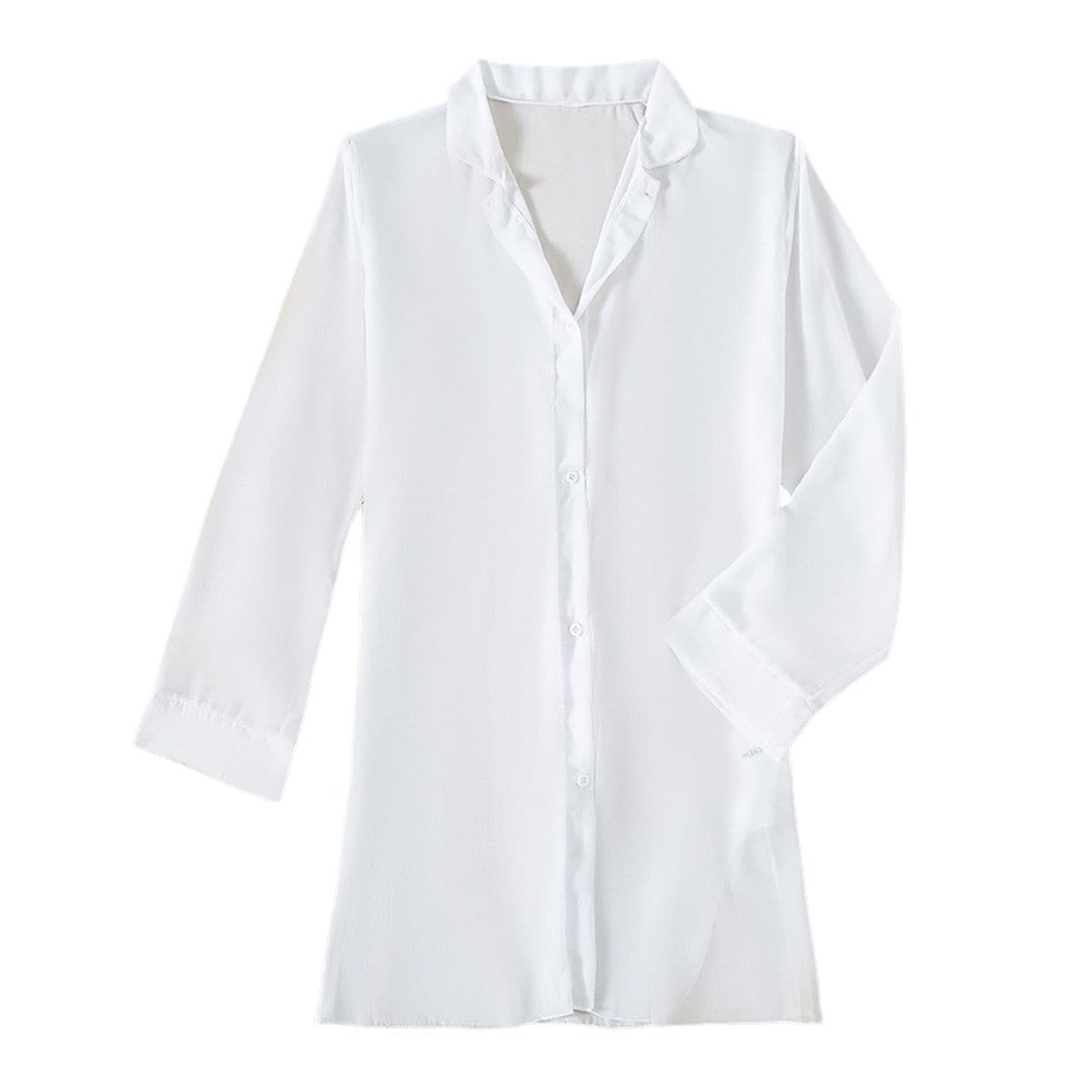 Chiffon Turnover Collar Slit Solid Long Sleeve Beach Cover-Up - Y2K Aesthetic Swimwear