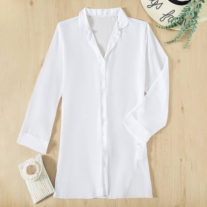 Chiffon Turnover Collar Slit Solid Long Sleeve Beach Cover-Up - Y2K Aesthetic Swimwear
