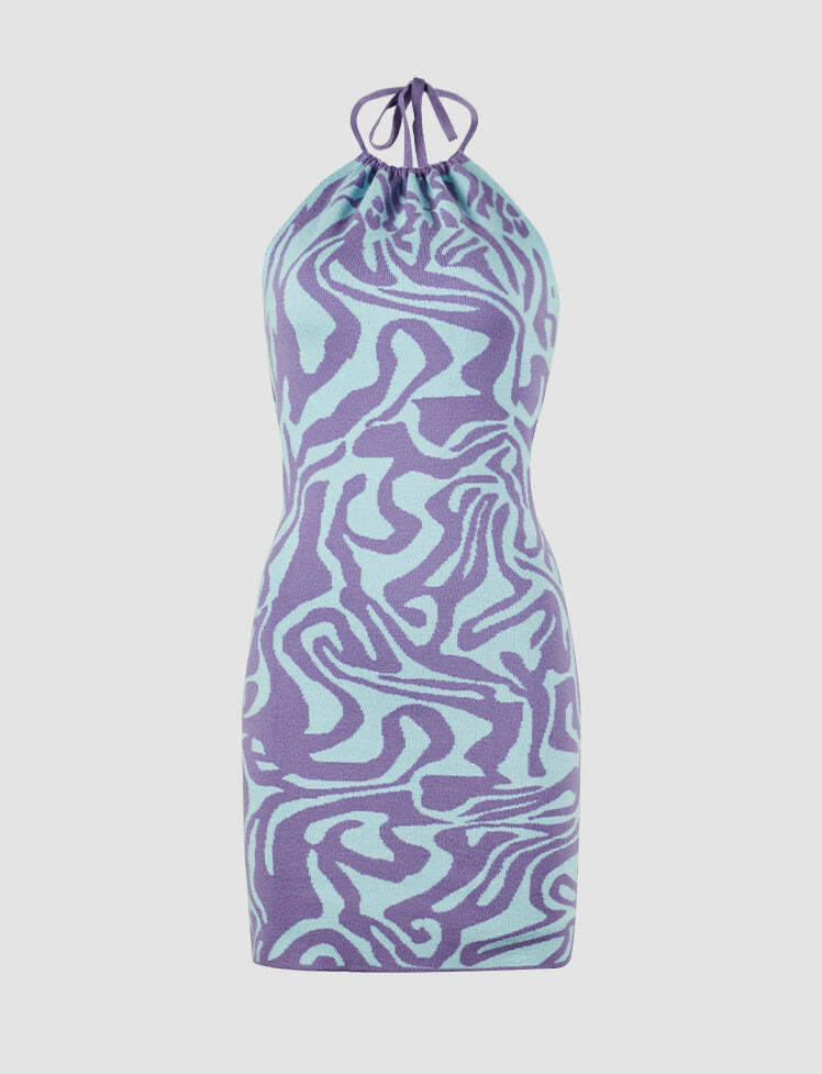 Color-Block Wave Halter Mini Dress - Y2K Aesthetic, Cute Summer Outfit, Grunge Style Vibes