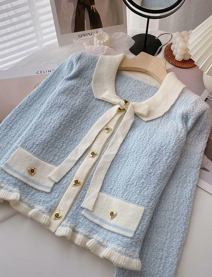 Color-Blocked Bow-Tie Knitted Sweater with Fungus Trim - Y2K Aesthetic Cute Top for Fall