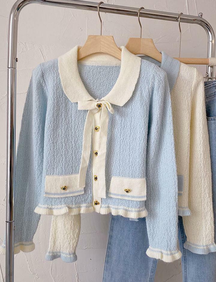Color-Blocked Bow-Tie Knitted Sweater with Fungus Trim - Y2K Aesthetic Cute Top for Fall