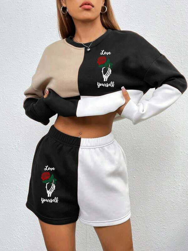 Color Block Skull Print Y2K Sweatshirt & Shorts Set - Grunge Aesthetic Comfy Outfit