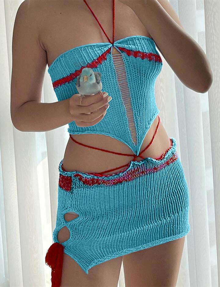 Colorblock Crochet Halter Top & Mini Skirt Co-ord Set - Y2K Grunge & Coquette Aesthetic