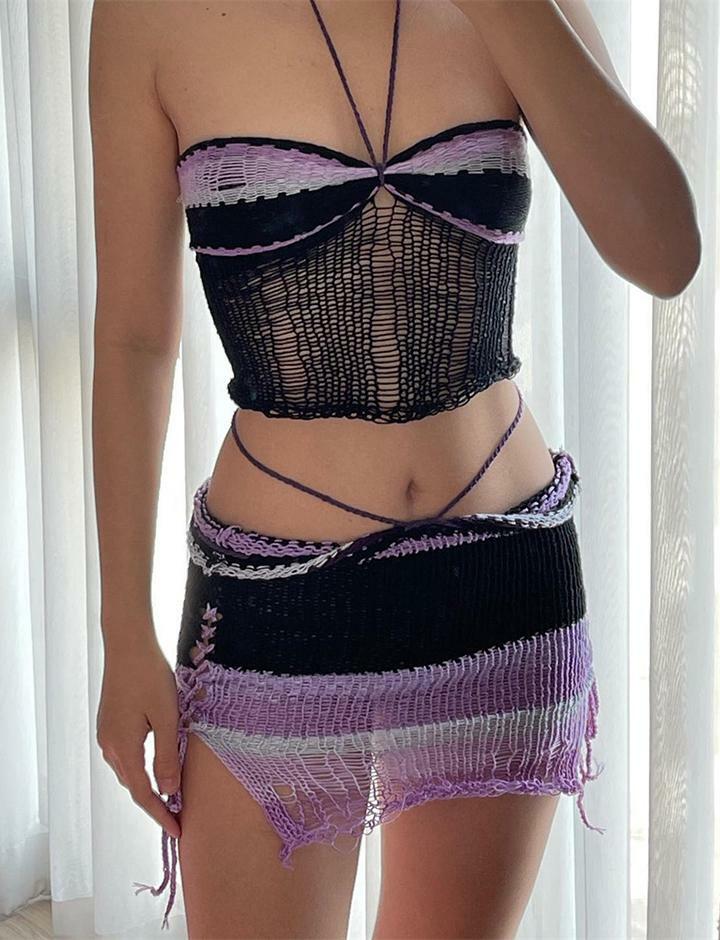 Colorblock Crochet Halter Top & Mini Skirt Set - Y2K Aesthetic Coquette Style Outfit