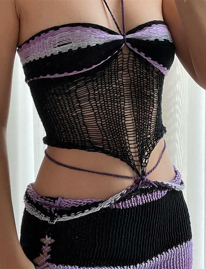 Colorblock Crochet Halter Top & Mini Skirt Set - Y2K Aesthetic Coquette Style Outfit