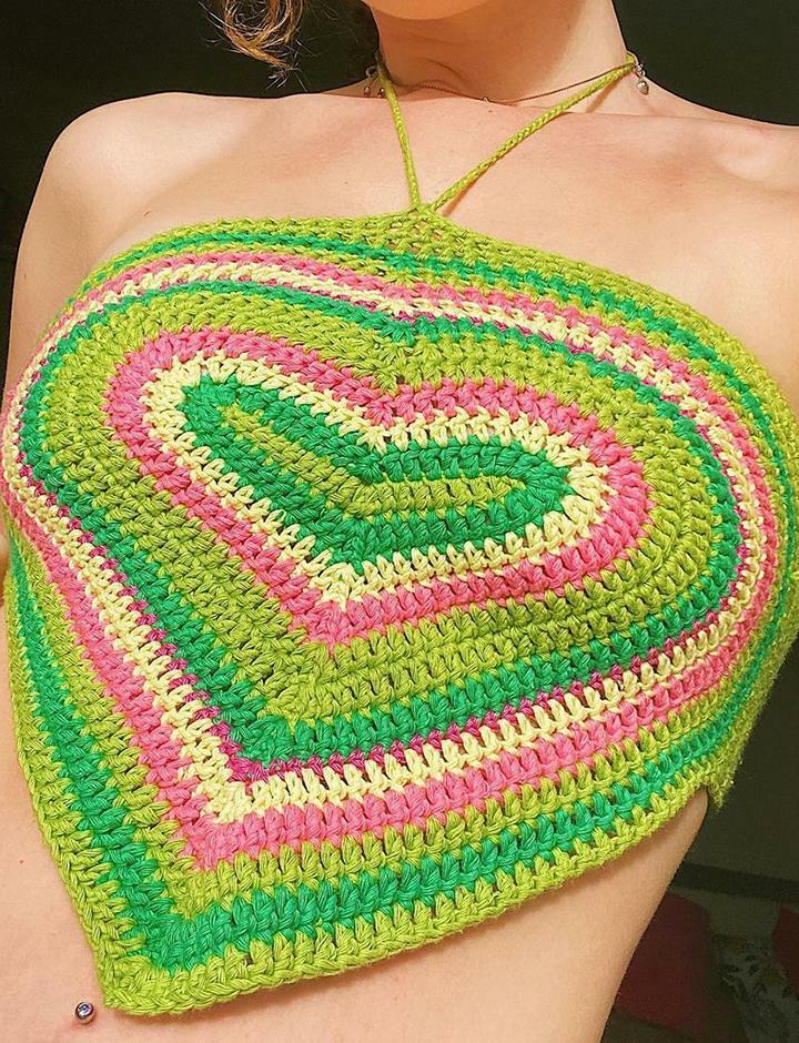 Colorblock Crochet Halter Vest with Heart Design - Y2K Aesthetic Cute Top