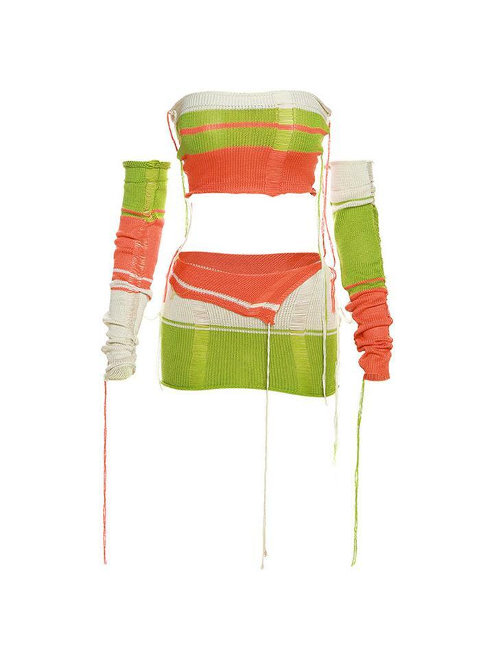 Colorblock Crochet Strapless Camisole & Mini Skirt Co-ord Set - Y2K Aesthetic Outfit