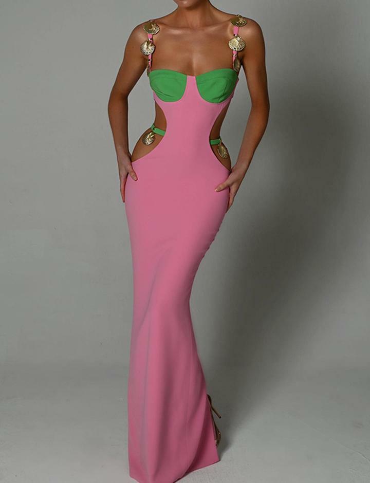 Colorblock Cut-out Bodycon Maxi Dress - Y2K Fashion Meets Coquette Aesthetic & Grunge Style