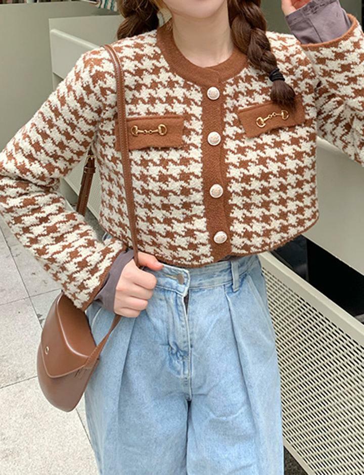 Colorblock Houndstooth Cardigan with Metal Button Decor - Y2K Aesthetic Cozy Layering Piece