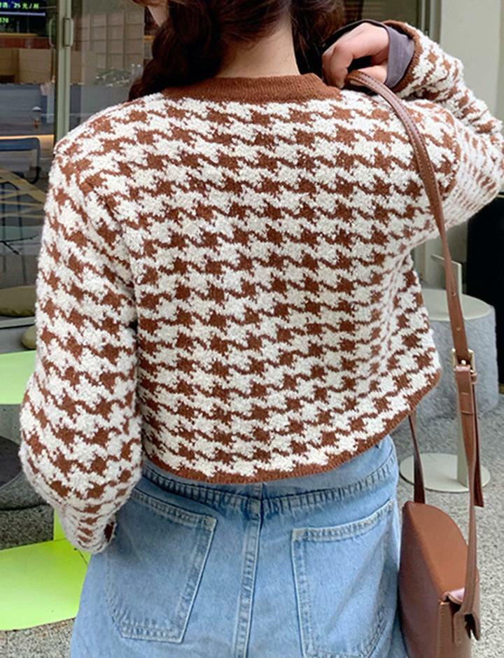 Colorblock Houndstooth Cardigan with Metal Button Decor - Y2K Aesthetic Cozy Layering Piece