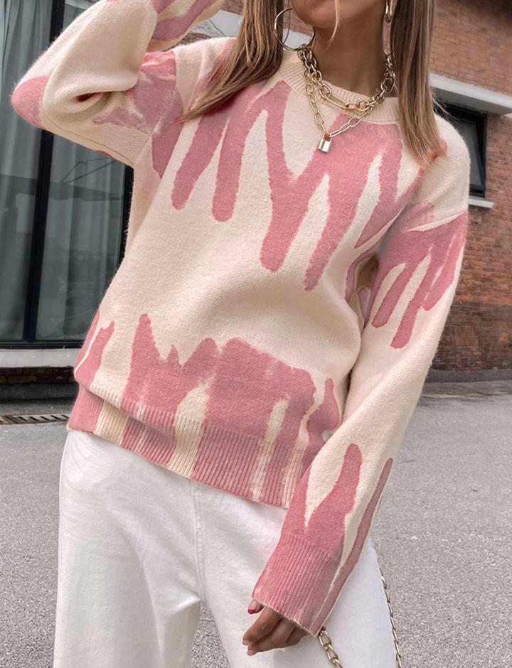 Colorblock Knit Abstract Crewneck Pullover Sweater - Y2K Aesthetic Comfy Top for Grunge Style