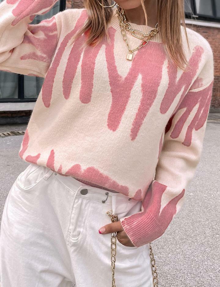 Colorblock Knit Abstract Crewneck Pullover Sweater - Y2K Aesthetic Comfy Top for Grunge Style