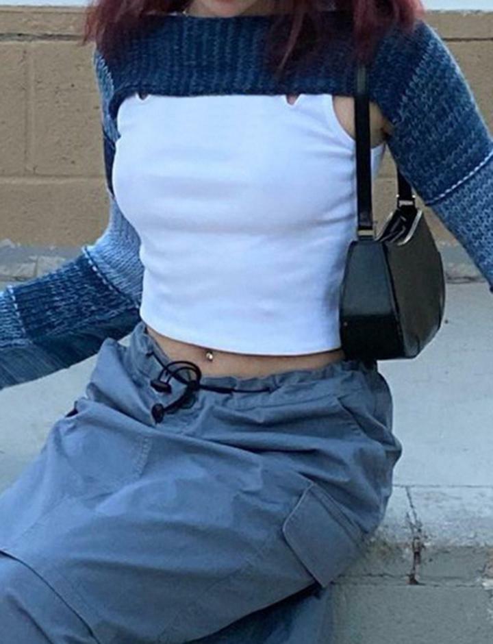 Colorblock Knit Cutout Flared Sleeve Blouse - Y2K Aesthetic, Grunge Style, Comfy Fashion