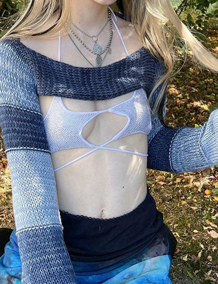 Colorblock Knit Cutout Flared Sleeve Blouse - Y2K Aesthetic, Grunge Style, Comfy Fashion
