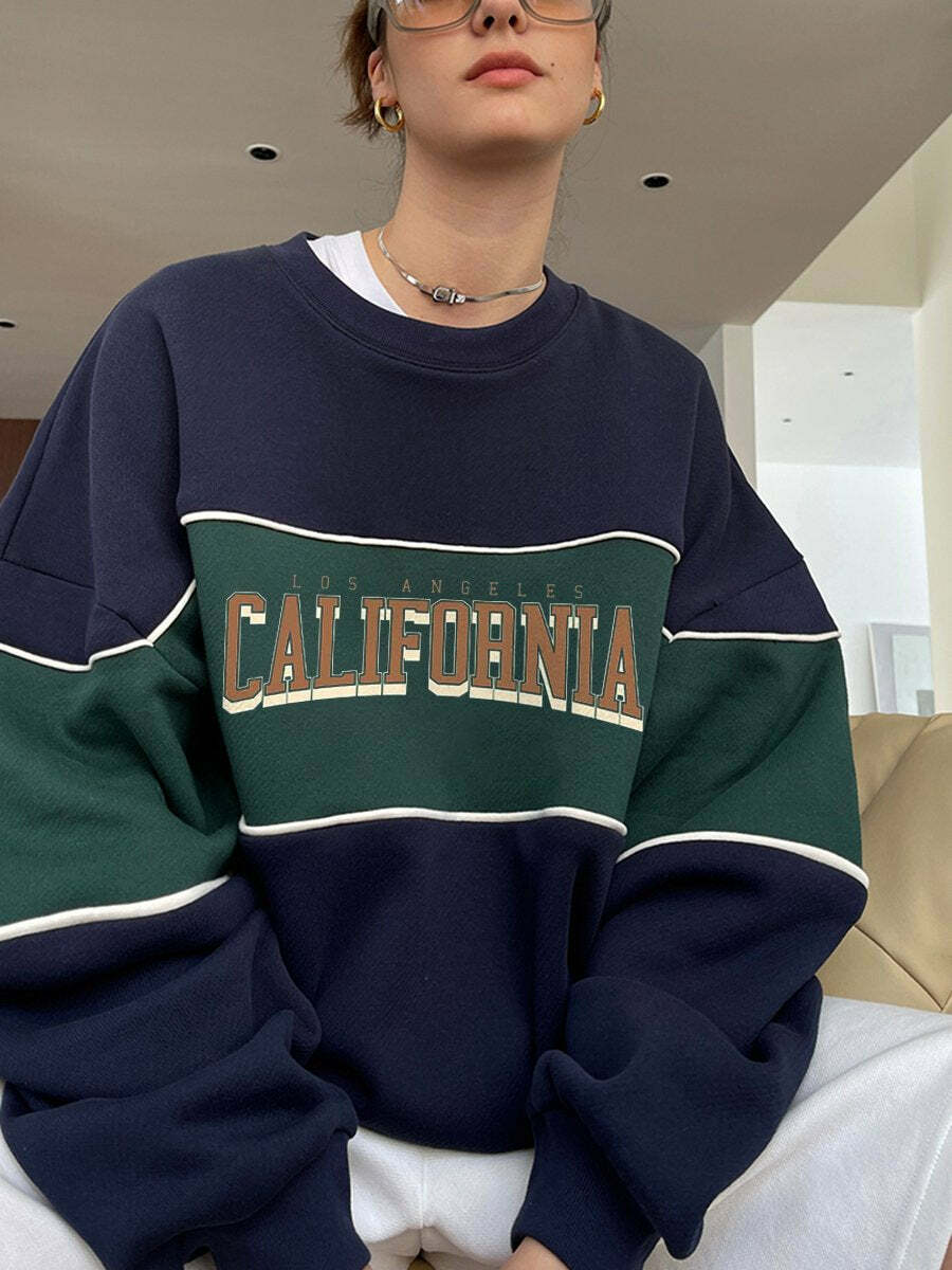 Colorblock Letter Print Y2K Aesthetic Loose Pullover Hoodie - Comfy Grunge Style Top