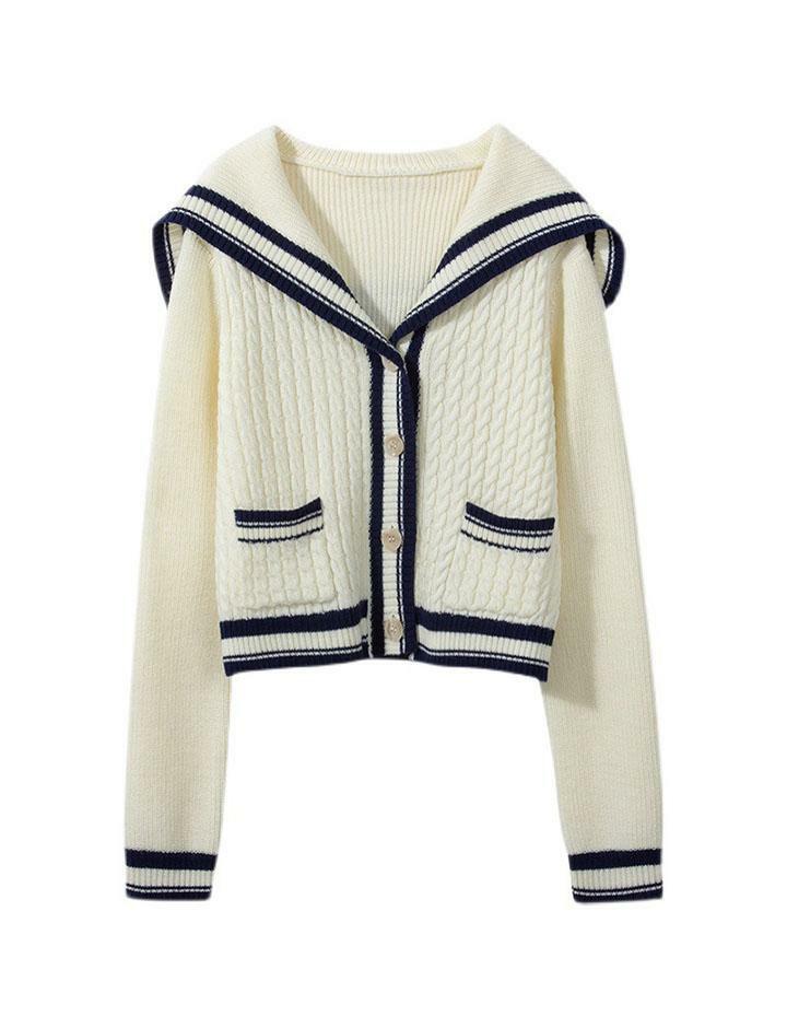 Colorblock Navy Knit Cardigan with Collar - Y2K Aesthetic, Coquette Style, Comfy Layering