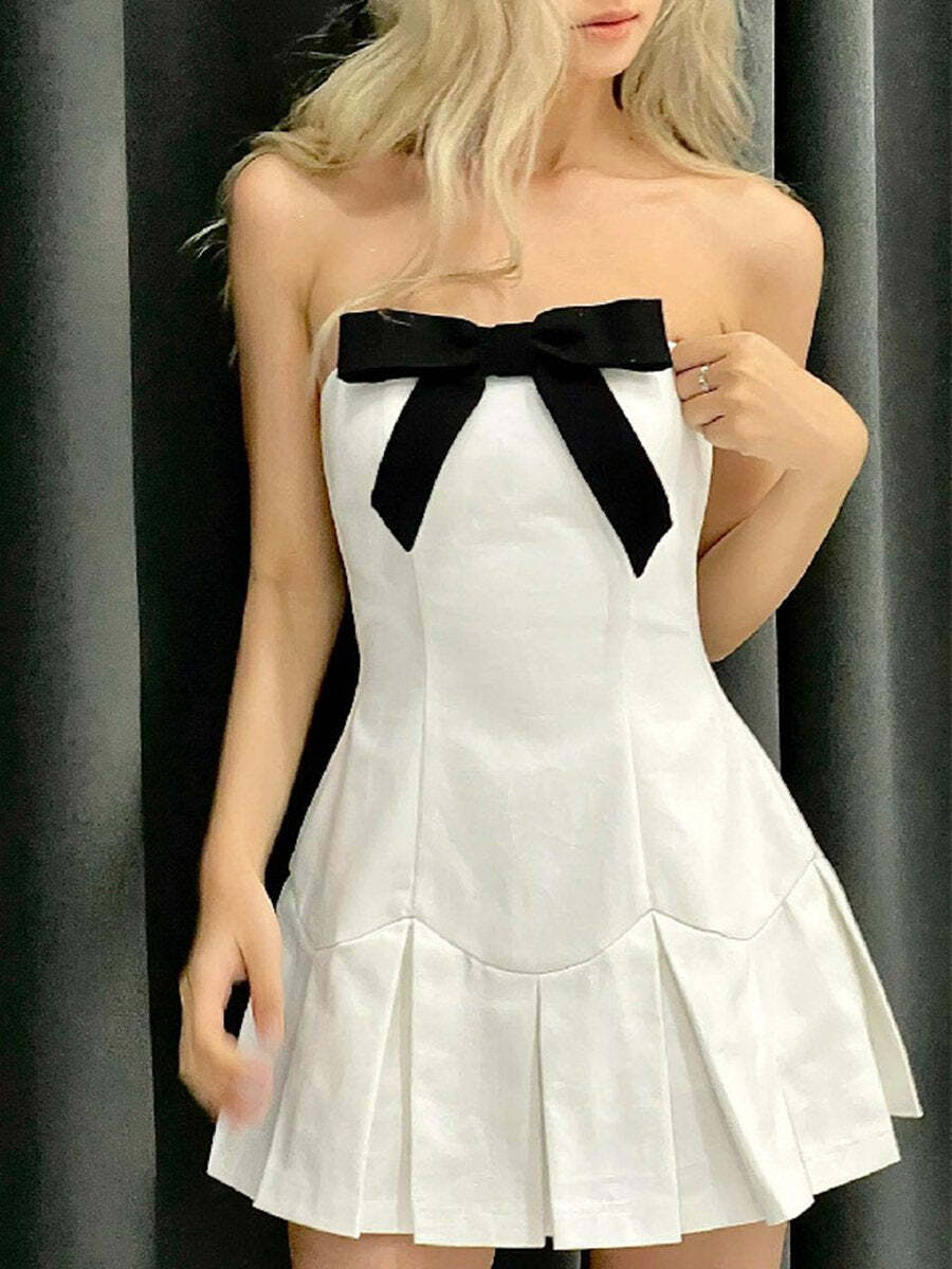 Colorblock Off-Shoulder Bowknot Pleated Mini Dress - Y2K Aesthetic Cute Outfit