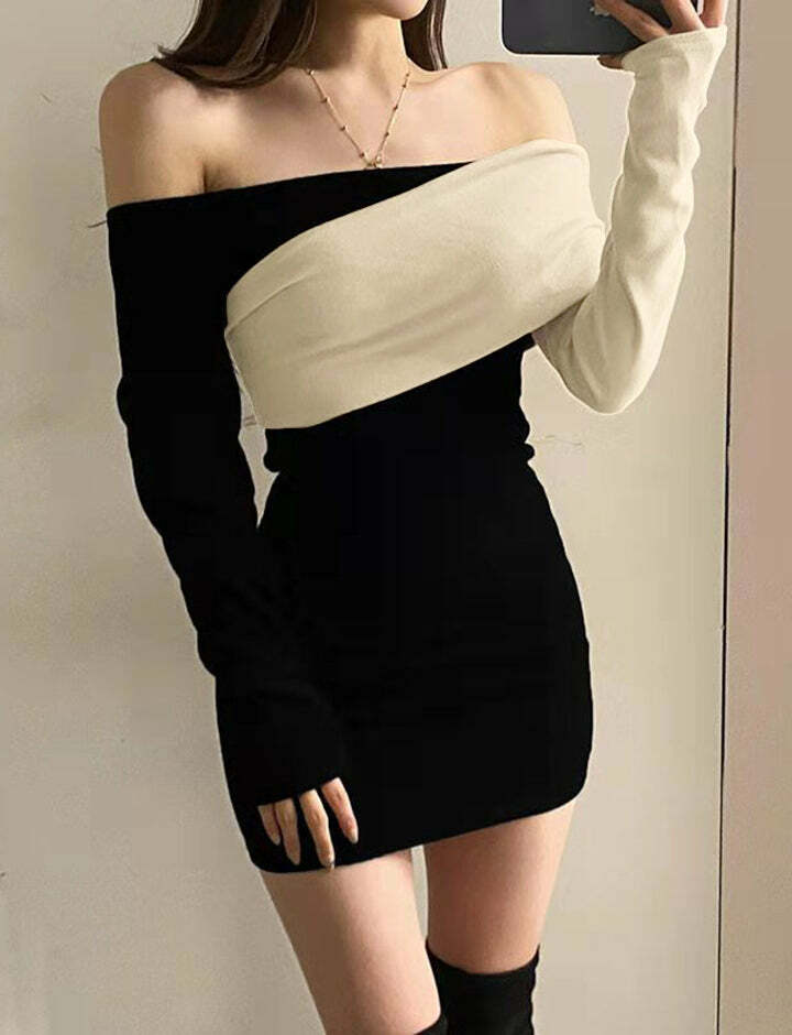 Colorblock Off Shoulder Bodycon Dress - Y2K Aesthetic, Cute Top for Coquette & Grunge Styles