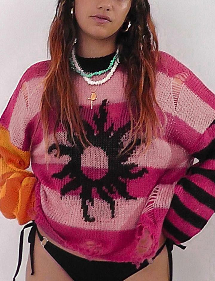 Colorblock Sun Graphic Oversized Sweater - Y2K Aesthetic, Comfy Layering for Grunge & Coquette Styles