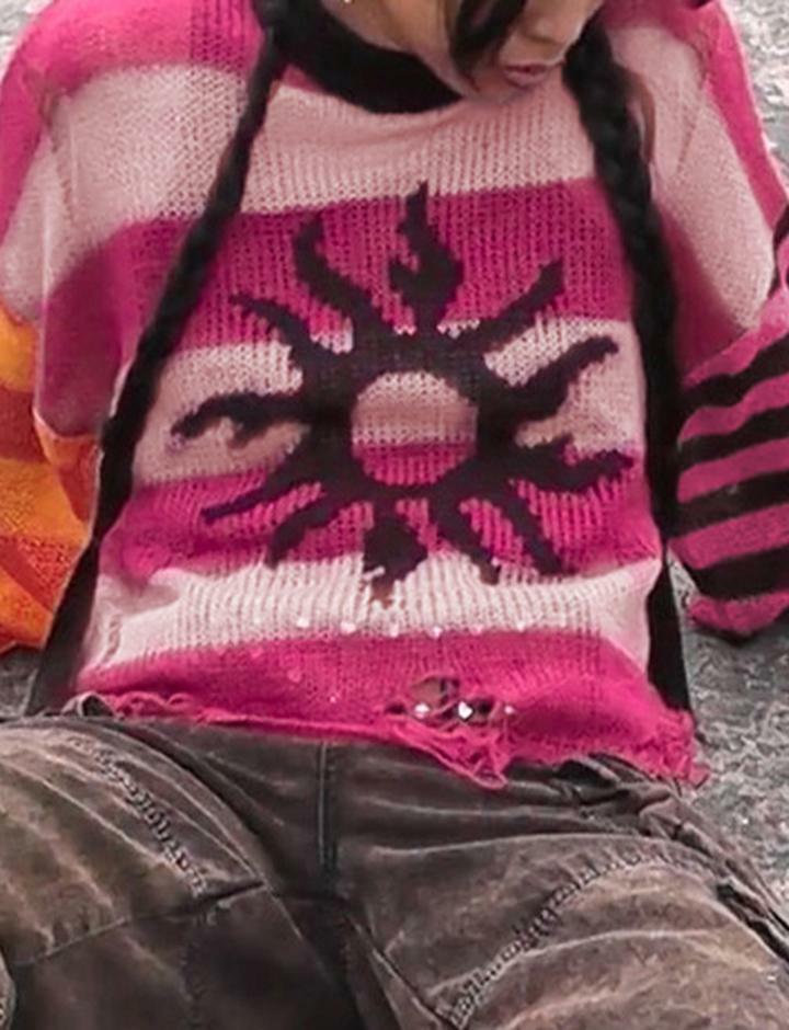Colorblock Sun Graphic Oversized Sweater - Y2K Aesthetic, Comfy Layering for Grunge & Coquette Styles