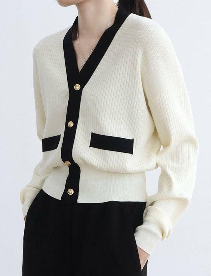 Colorblock V Neck Knit Cardigan - Y2K Aesthetic, Cozy Layering for Grunge & Coquette Styles
