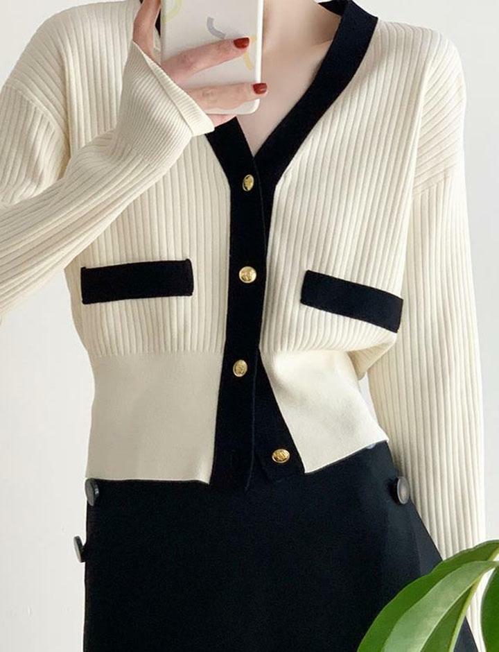 Colorblock V Neck Knit Cardigan - Y2K Aesthetic, Cozy Layering for Grunge & Coquette Styles