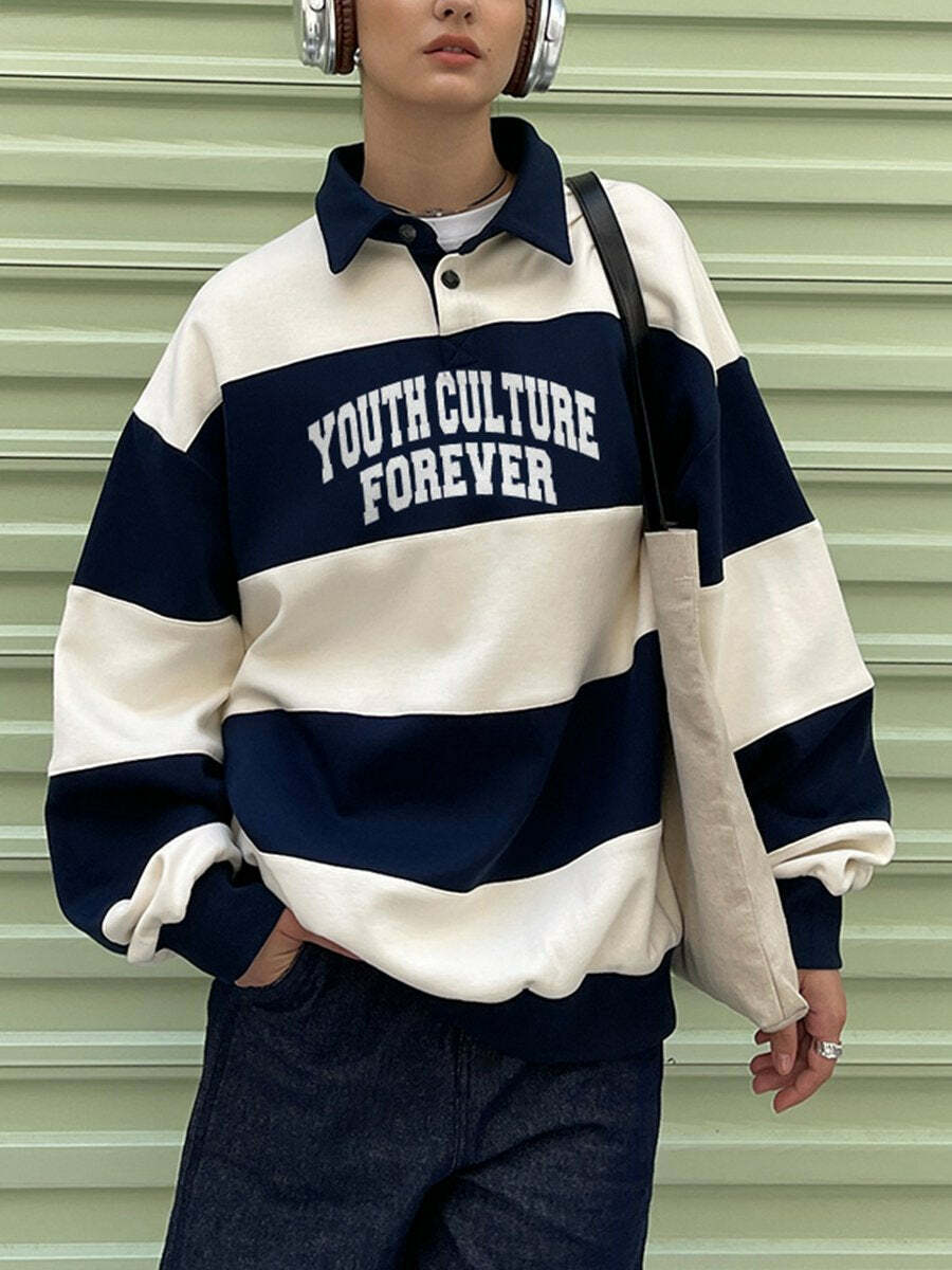 Colorblock Y2K Aesthetic Polo Neck Pullover Sweatshirt - Cute Comfy Top for Grunge & Coquette Styles