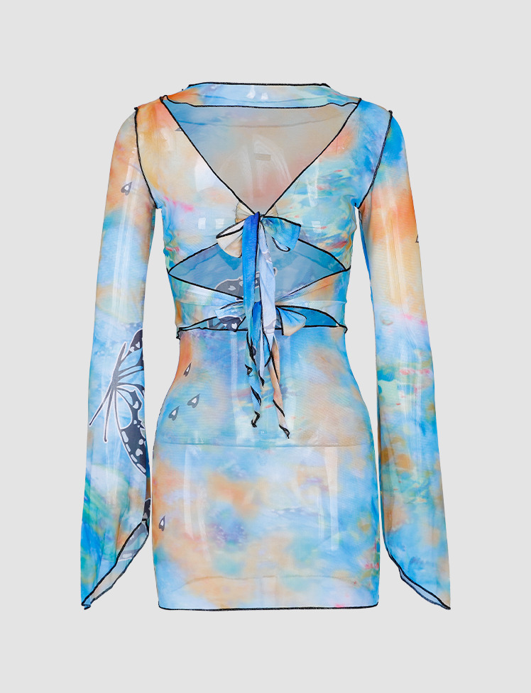 Colorful Butterfly Ruffled Y2K Top & Cargo Skirt Set - Cute Coquette Aesthetic Outfit