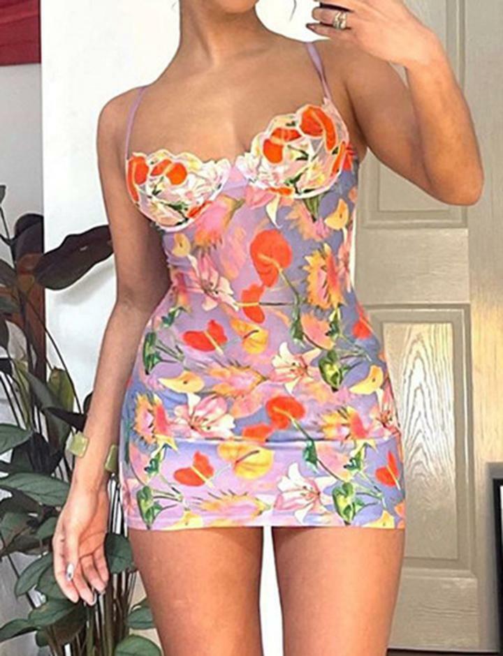 Colorful Floral Print Slip Dress - Y2K Aesthetic, Coquette Style, Cute Summer Outfit