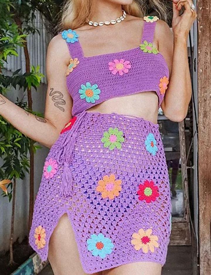 Colorful Flower Crochet Tank Top & Mini Skirt Co-ord Set - Y2K Coquette Aesthetic Outfit