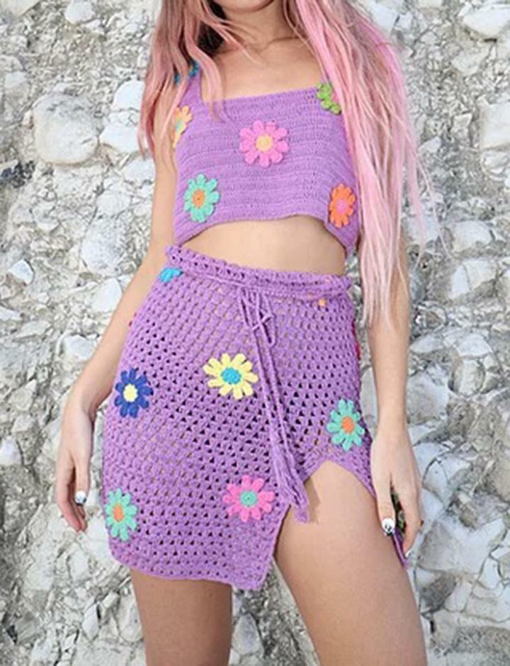 Colorful Flower Crochet Tank Top & Mini Skirt Co-ord Set - Y2K Coquette Aesthetic Outfit