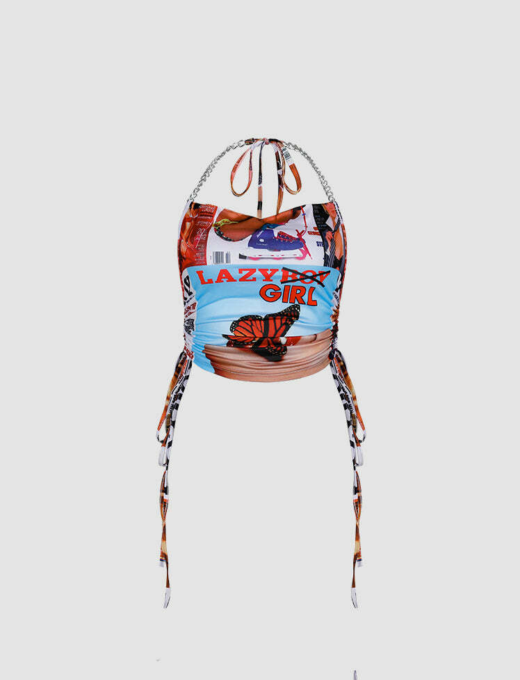 Colorful Letter Printed Chain Halter Top - Y2K Aesthetic Cute Crop for Grunge & Coquette Styles