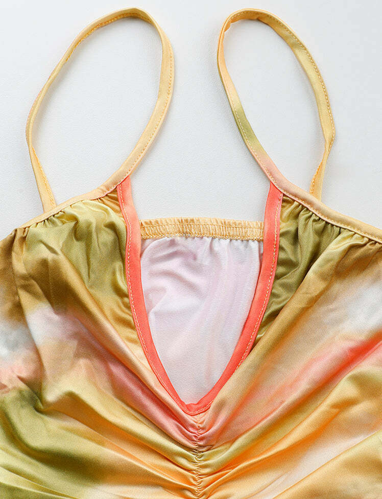 Colorful Print Pleated Cami Dress - Y2K Aesthetic, Coquette Style, Cute Summer Outfit