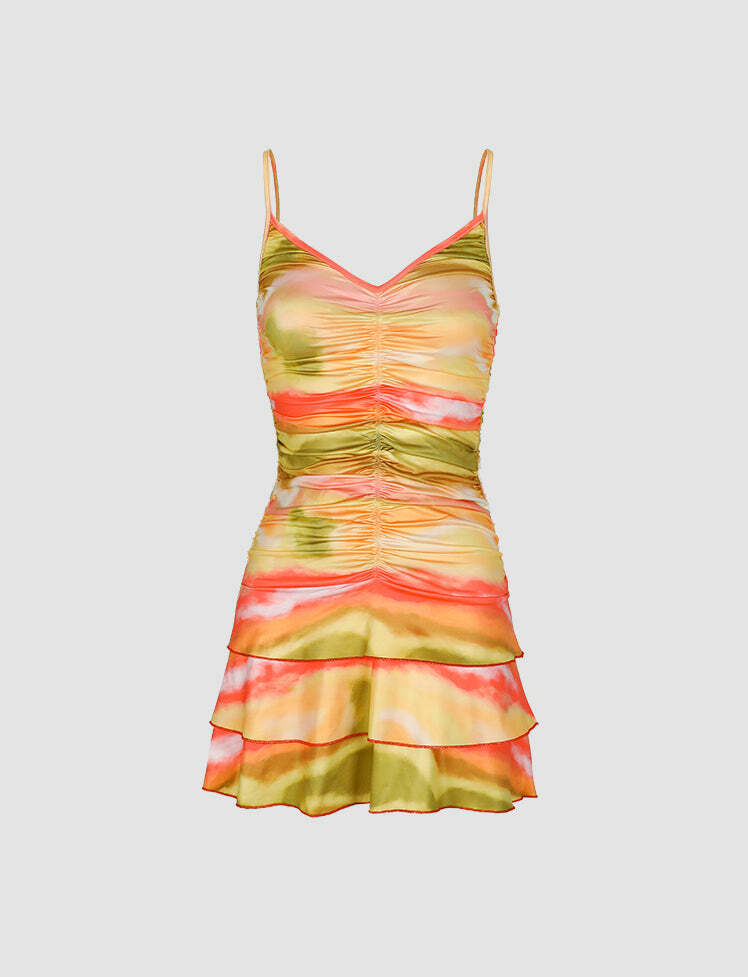 Colorful Print Pleated Cami Dress - Y2K Aesthetic, Coquette Style, Cute Summer Outfit