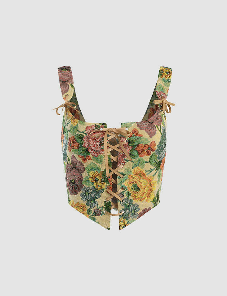 Colorful Vintage Floral Embroidered Straps Y2K Crop Cami Top for Coquette & Grunge Aesthetics