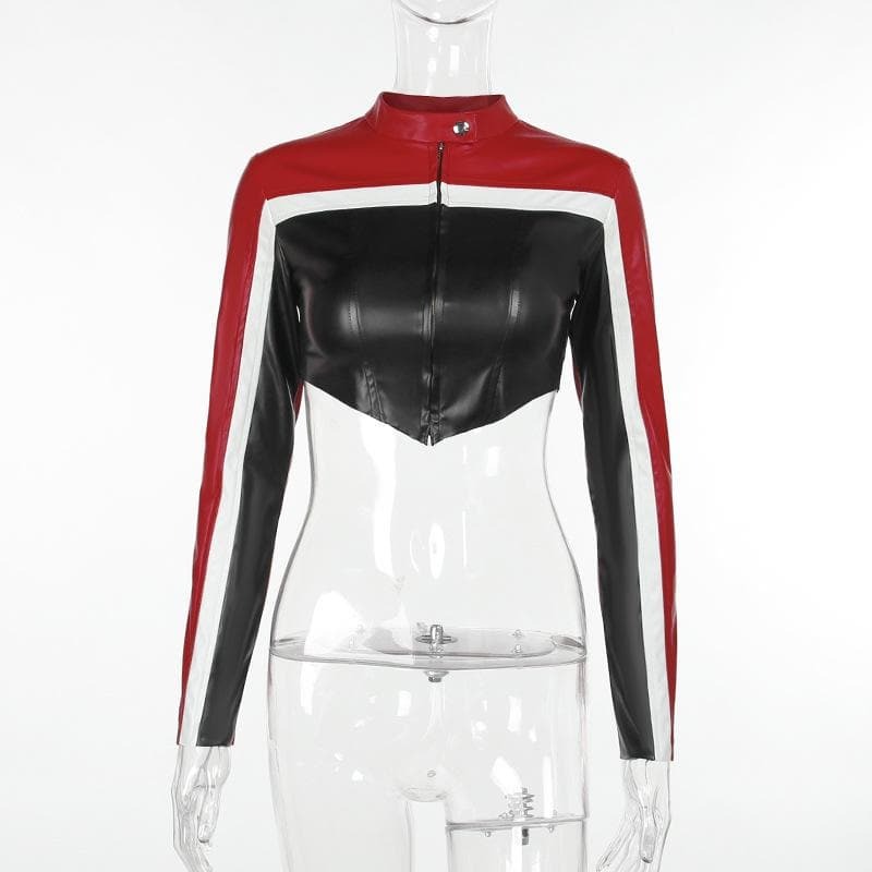 Contrast Patchwork Y2K Aesthetic Zip-Up Long Sleeve PU Leather Jacket for Grunge Style