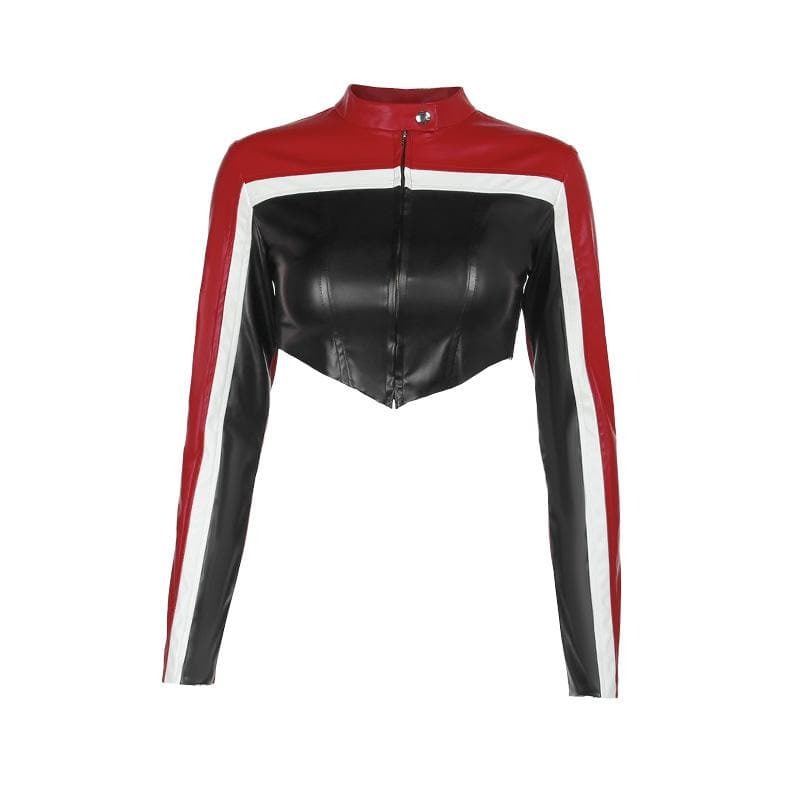 Contrast Patchwork Y2K Aesthetic Zip-Up Long Sleeve PU Leather Jacket for Grunge Style