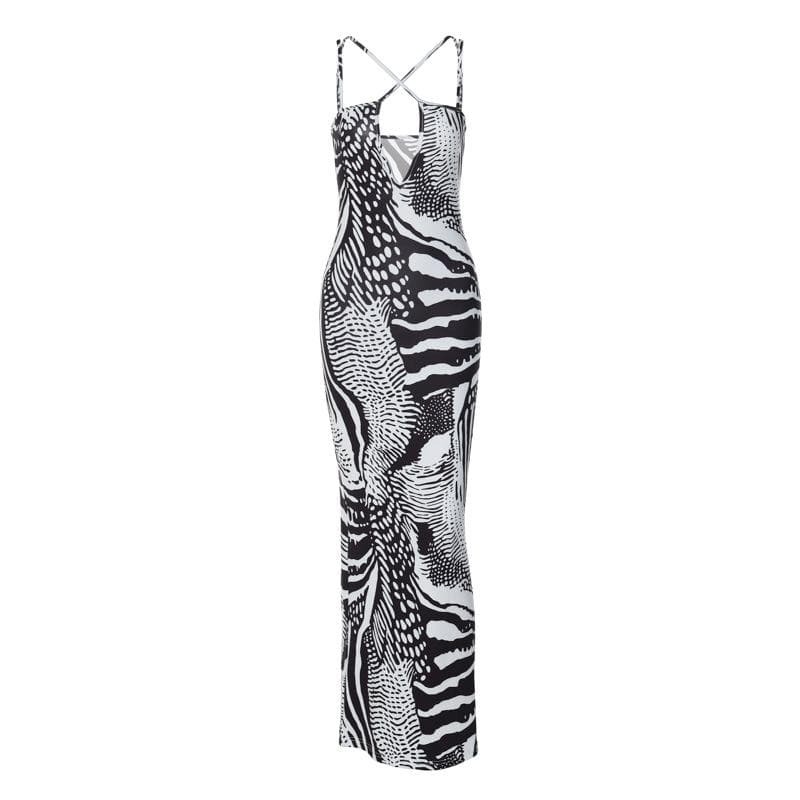 Contrast Print Backless Low Cut Maxi Dress - Y2K Aesthetic, Coquette Style, Grunge Vibes