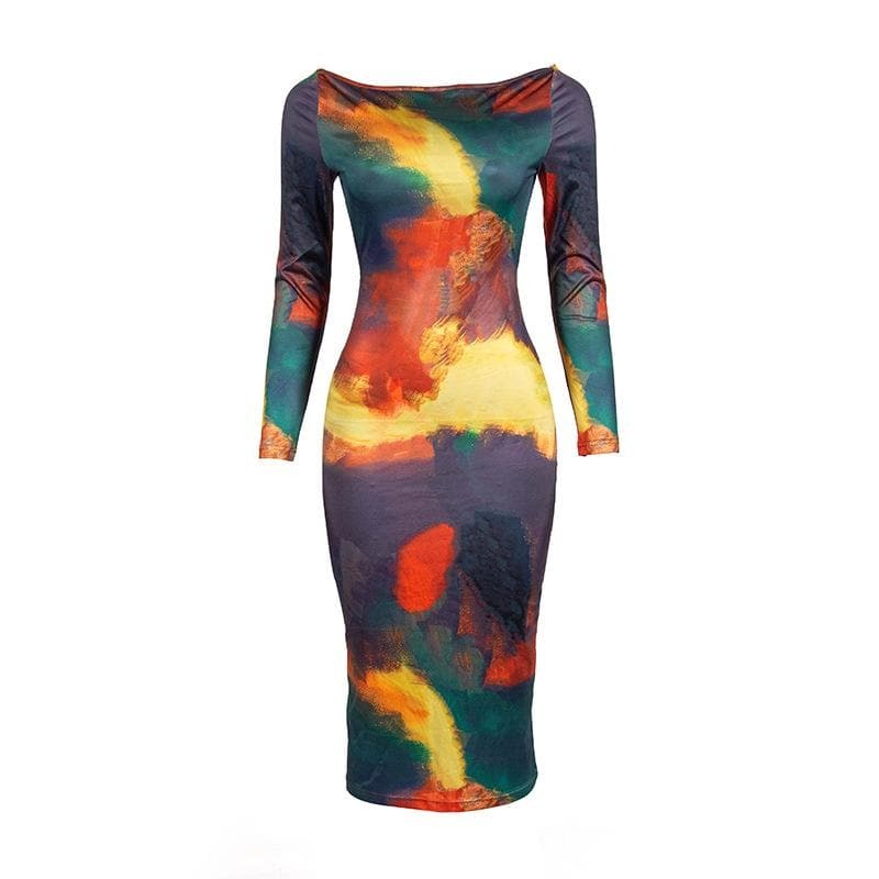 Contrast Print Long Sleeve Backless Midi Dress - Y2K Aesthetic & Coquette Style