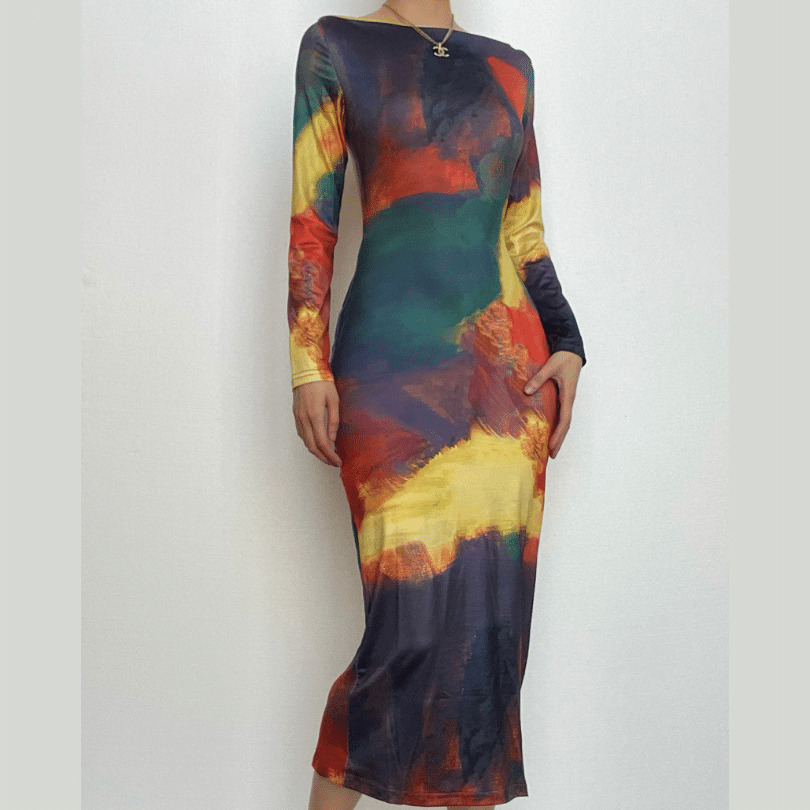 Contrast Print Long Sleeve Backless Midi Dress - Y2K Aesthetic & Coquette Style