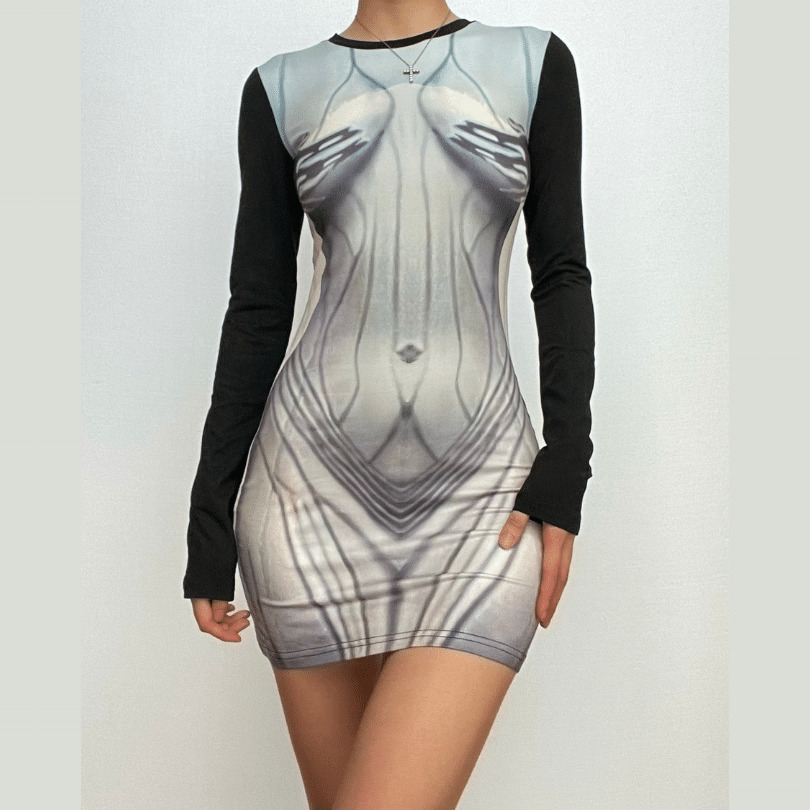 Contrast Print Long Sleeve Mini Dress - Y2K Aesthetic, Coquette Style, Cute & Comfy