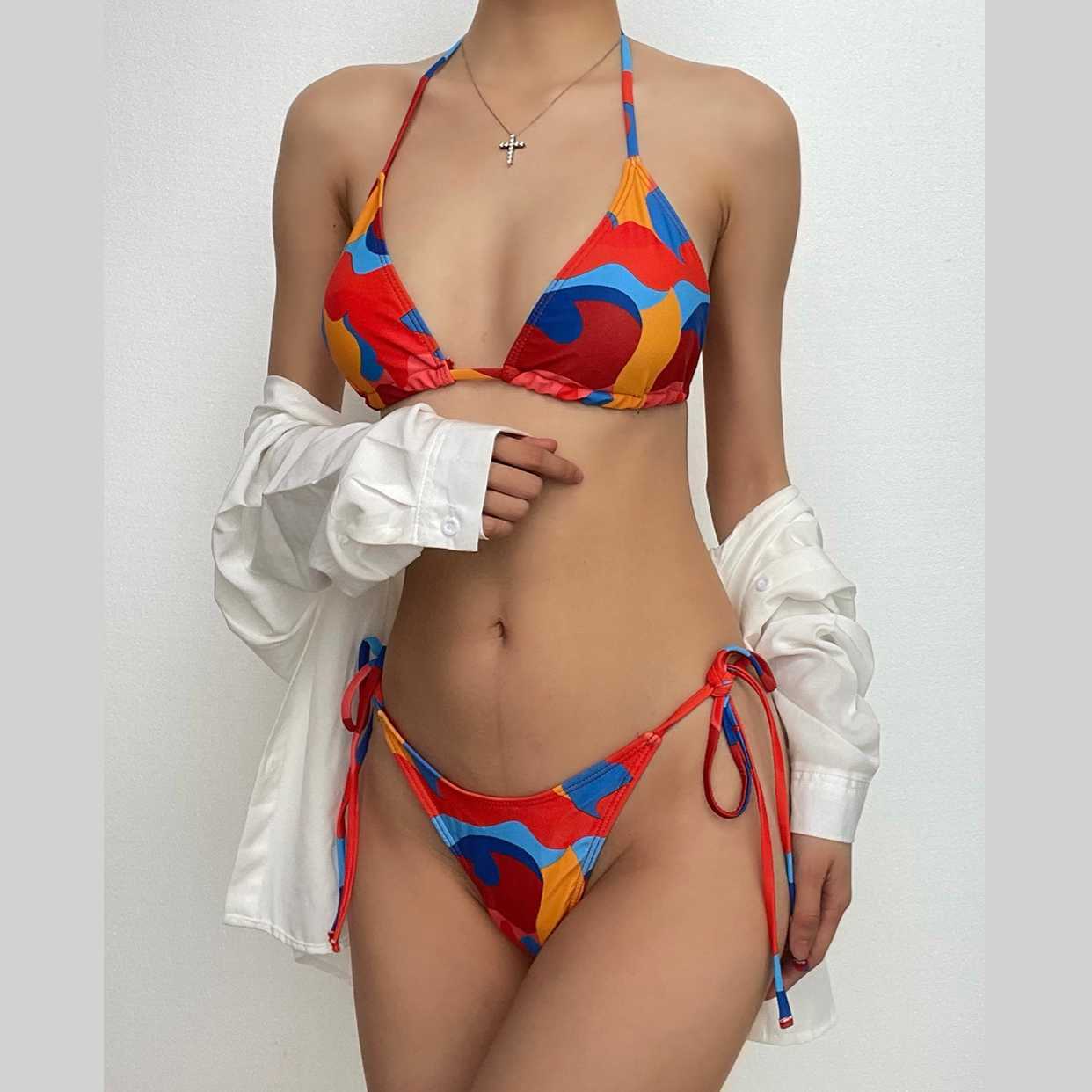 Contrast Print Self-Tie Halter Backless Bikini - Y2K Aesthetic Swimwear for Summer Vibes