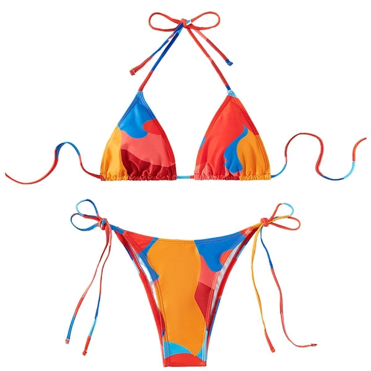 Contrast Print Self-Tie Halter Backless Bikini - Y2K Aesthetic Swimwear for Summer Vibes