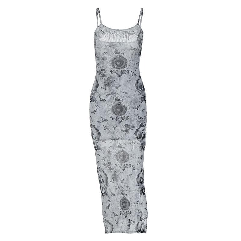 Contrast Print Sheer Mesh U-Neck Cami Midi Dress - Y2K Aesthetic & Grunge Style