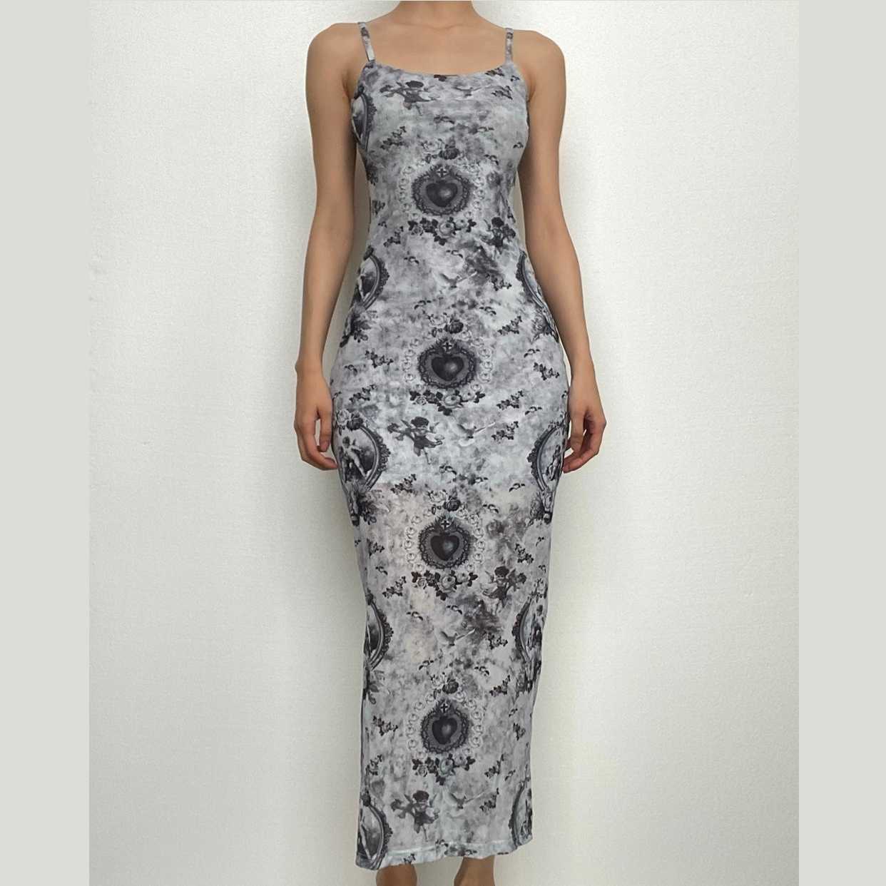 Contrast Print Sheer Mesh U-Neck Cami Midi Dress - Y2K Aesthetic & Grunge Style