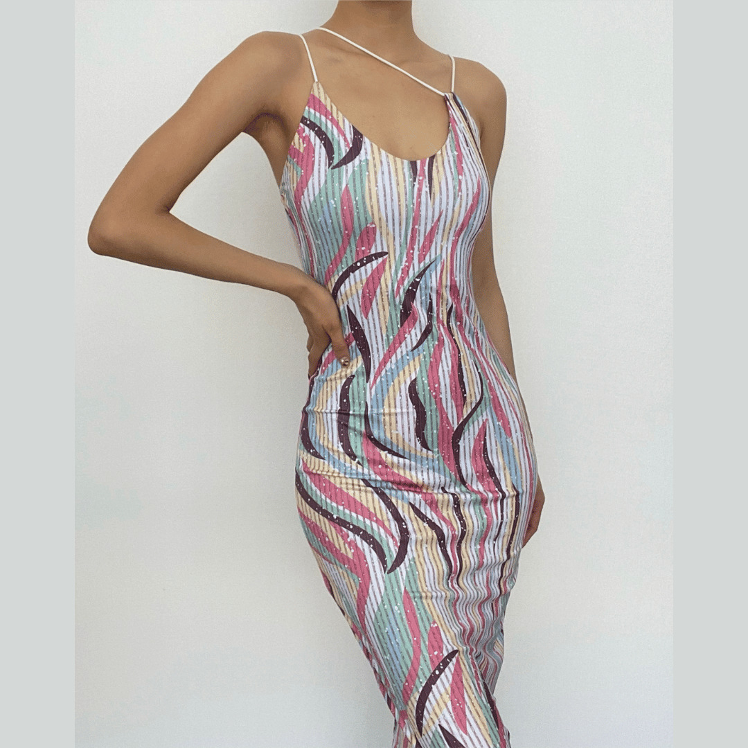 Contrast Print V-Neck Backless Sleeveless Midi Dress - Y2K Aesthetic & Coquette Style