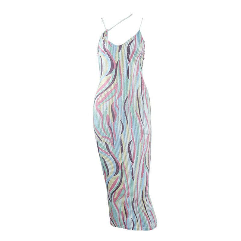 Contrast Print V-Neck Backless Sleeveless Midi Dress - Y2K Aesthetic & Coquette Style