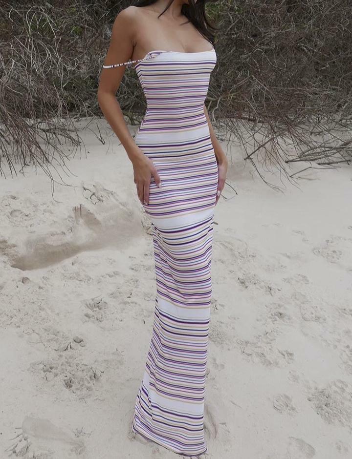 Contrasting Color Striped Tube Top Suspender Dress - Y2K Aesthetic Cute Outfit for Grunge & Coquette Styles